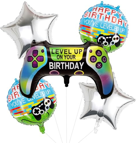 Koboko 5 Stk Gamer Deko Luftballons Geburtstag, XXL Gaming Controller Folienballons, Gamer Deko Helium Ballons Geburtstag, Luftballon Gamer Geburtstagsdeko Junge, Silber Stern Ballon Party Deko Kinder