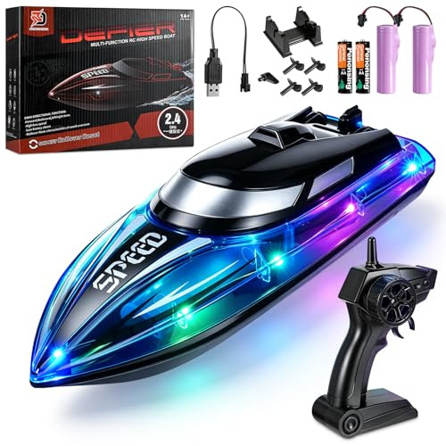 Auniq Ferngesteuertes Boot für Kinder Erwachsene, 2.4-GHz RC Boot mit RGB Beleuchtung, Hohe Geschwindigkeit 20 km/h Doppelpropeller Selbstaufrichtend Elektrische Rennboote Schiff Poolspielzeug