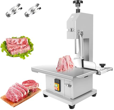 Sierra Eléctrica para Huesos, Sierra de Cinta Eléctrica Comercial para Carne, Mesa de Trabajo de Acero Inoxidable de 19x14 pulgadas, Sierra de Mesa para Carne Congelada con 3 Hojas de Corte