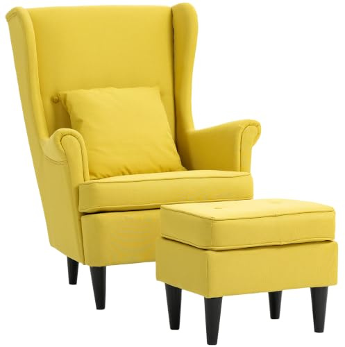 HOMCOM Ohrensessel mit Hocker Sessel mit Leinenoptik Lendenkissen Gelb | Loungesessel, Modern Relaxsessel mit Armlehne, für Wohnzimmer Schlafzimmer