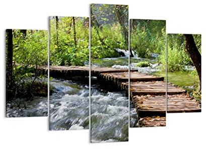 Moderne Impression sur Toile 150x100cm Image Tableau Decoration Murale Parc nature vert arbres Tableaux Decoratifs Muraux Chambre Triptyque 5 parties Deco Décoration Salon Art Wall EA150x100-0356