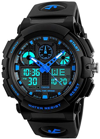 TONSHEN Uomo Orologi da Polso Subacqueo 50M Impermeabile Elettronico Plastica Lunetta e Gomma Band Sportivo Outdoor LED Digital Militare Tattica Orologio Quarzo Doppio Tempo (Blu)