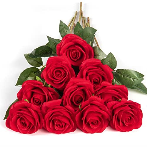 DuHouse 10 Stück künstliche Rosen Seidenblumen Fake Rose 54cm einzelnen Langen Stiel künstlich Blumen Bouquet für Brautstrauß Arrangement Hochzeit Tafelaufsatz Party Haus Küche Dekor(rote)