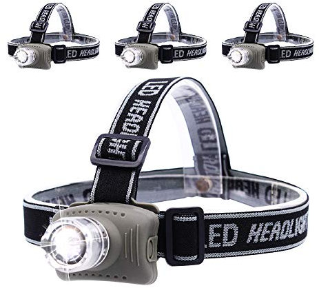 linterna frontal cabeza led, ángulo ajustable de 90 grados, enfoque con sistema de zoom lente, con 4 modos de control de intensidad de brillo, 3 pilas AAA incluidas, 3 pilas AAA incluidas, pack x4