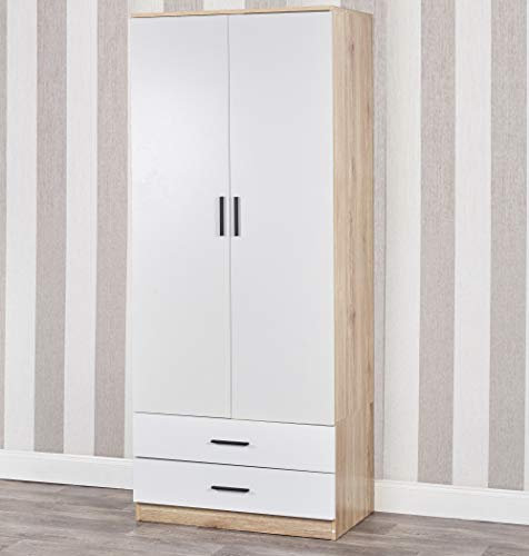 URBNLIVING Tall Wooden 2 Door Oak Wardrobe With 2 Drawers Bedroom Storage Hanging Bar Clothes (Oak Carcass + White Drawers)