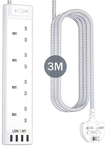LENCENT Extension Lead with USB C Port, 4 Way Outlets Power Strip with 1 USB-C and 3 USB Slots, Multi Power Plug Extension Socket with 3M Braided Extension Cord for Home Office, 3250W 13A