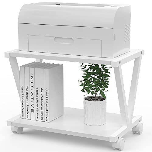 VEDECASA Retro-Schreibtisch-Druckerständer, 2-stöckiges Holz-Druckerregal, moderne Holzaufbewahrung, Bücherregal für Zuhause, Büro, stilvoller V-förmiger Rahmen, passend für kleine Drucker (weiß)