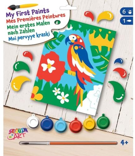 MAMMUT 8342009 - Mein erstes Malen nach Zahlen Papagei, Komplettset mit bedruckter Malvorlage ca. 18,5 x 25 cm, Anfänger Set mit 6 Acrylfarben und Pinsel, Tiermotiv Malset für Kinder ab 4 Jahre
