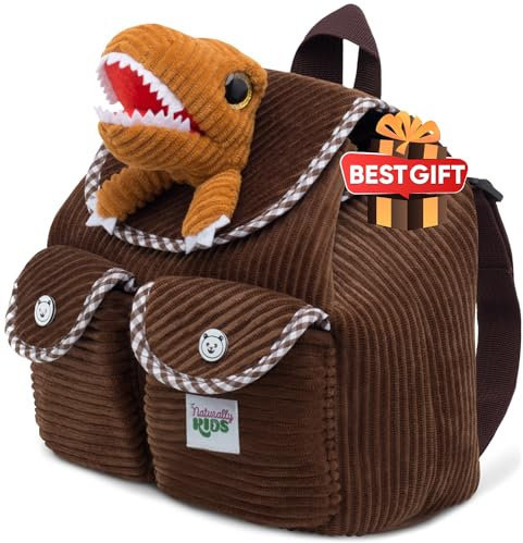 Naturally KIDS Rucksack Kinder m Spielzeug ab 2 Jahre Junge, Mädchen, Kindergartenrucksack Mädchen, Geschenk Mädchen 3 Jahre, Brauner Dino Rucksack