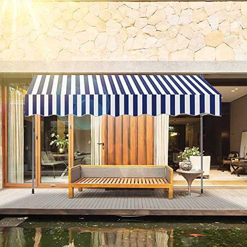SWANEW Klemmmarkise mit Handkurbel 400x120cm Blau Weiß Balkonmarkise ohneBohren, Markise UV-beständig 50+ höhenverstellbar Sonnenschutz wasserabweisend, einfache Montage
