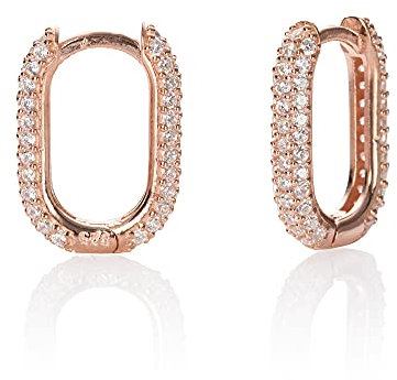 Namana Orecchini a Cerchio Rettangolari in Argento 925 Placcato Oro Rosa per Donna e Ragazza, Orecchini a Cerchio con Pietre Zirconi, Orecchini Oro Rosa Huggie', Orecchini Donna con Confezione Regalo