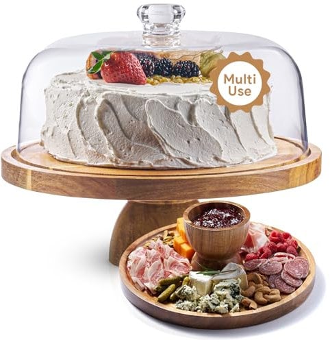 Homesphere Acacia Wood Cake Stand with Lid - 12in Round Cake Holder, 2-in-1 Dessert Table Display Set & Charcuterie Board for Cheese, Chips & Dips, Nachos, Fruit Platter, Large Acrylic Cake Dome Cover