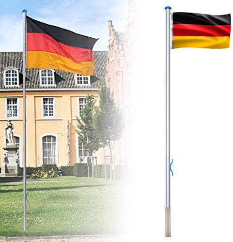 VA-Cerulean Aluminium Fahnenmast 6,5 m inkl. Deutschlandfahne Flagge, Seilzug und Bodenhülse,Flagge Alu 5 Verschiedene Höhenverstellbar