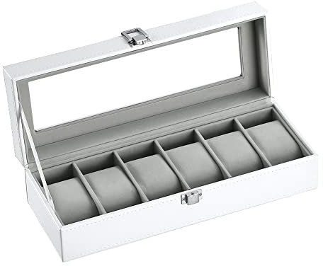 Uhrenbox Uhrenkasten, Uhrenbox Herren für 6 Uhren, mit Glasfenster, aus PU Leder und Samt, von Uhren und Schmuck Aufbewahrung (Weiß-W04W)