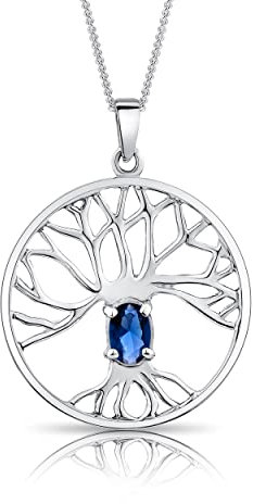 DTPsilver® Collier avec Pendentif Arbre de Vie et Cristal en Verre coloré Facetté en Argent Fin 925 - Maille Gourmette - Bleu Saphir