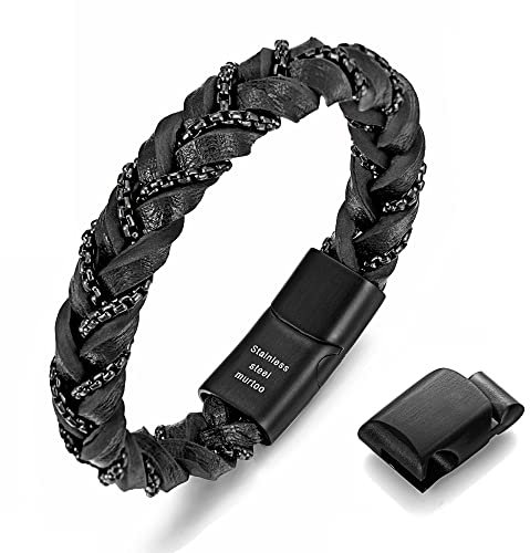 murtoo Viking Bracelets for Men Braided Leather Bracelets Black Chains Braclet Mens Bracelet Magnetic Clasp Bracelet (Black, 8.5 Inch)