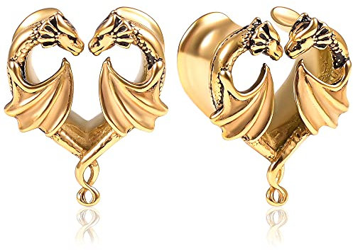 Vankula Ohr Tunnel 1 Paar Saddles Flesh Plugs Drache Edelstahl für männer damen Ohrpiercing Gestreckte Schmuck 14mm(9/16) Gold 2