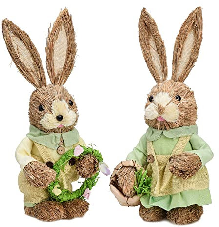 LIBOOI 2 x Oster-Stroh-Hasen-Ornamente, stehender Osterhasen-Dekoration, Sammlerstück, Hasen-Figuren, Schreibtisch-Gartenornamente für Geburtstag, Ostern, Party, Geschenk