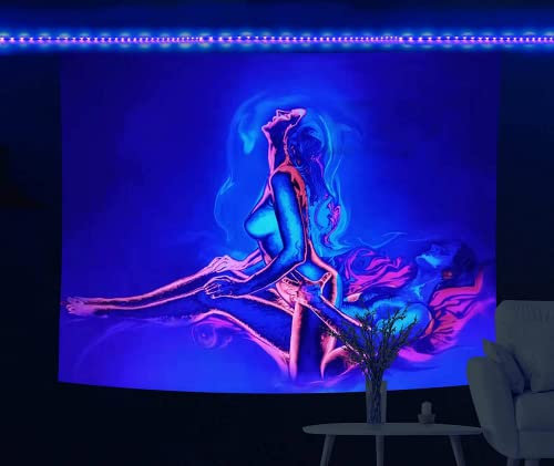 NYRZT Kleiner Schwarzlicht-Wandteppich für Erwachsene - Brennende Liebhaber, Sexy UV-Reaktiv, Nacktes Mädchen, Neon-Wandbehang für Paare, Schlafzimmer Dekoration, 94 x 73,7