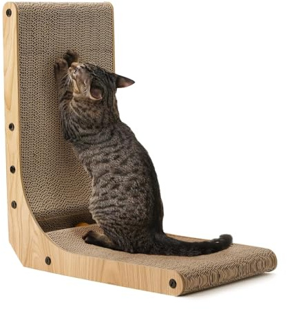 FUKUMARU 16.73 Inch L Shape Cat Scratcher Wall Mounted, Scratch Pad With Ball Toy for Indoor Cats, Medium Size, Brown, (ST03)