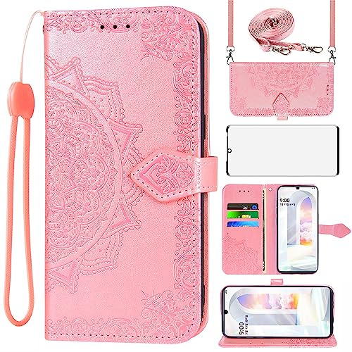 Asuwish Handyhülle für LG Velvet 5G/4G Hülle mit Band und Glas Folie Schutzfolie Kartenfach Klappbar Leder Geldbörse Ständer LMG910EMW LM-G910EMW Handy Hüllen Mandala Schutzhülle Phone Case Roségold