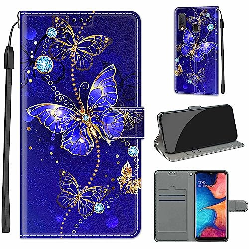 PU Leather Wallet Case for Samsung Galaxy A20e, Blue Butterfly | Pouch Design, Book Flip Folio, Magnet Closure, Kickstand, Card Slots, Wrist Strap Lanyard, Pattern Style