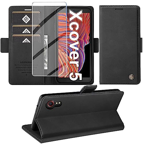Giyer Handyhülle für Samsung Galaxy Xcover 5 Hülle mit Displayschutzfolie, Schutzhülle Galaxy Xcover 5 PU Leder Wallet Flip Case Ständer Kartenfach Klapphülle für Samsung Xcover 5 Tache (Schwarz)