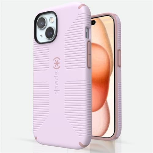 Speck Schutzhülle für iPhone 15 – gebaut für MagSafe, Fallschutz – für iPhone 15, iPhone 14 & iPhone 13 – Kratzfest, weich, 15,5 cm (6,1 Zoll) Handyhülle – CandyShell Grip Soft Lila/Nelke Blütenblatt