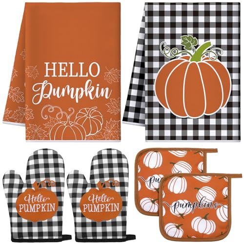 Leinuosen 6 Pack Fall Thanksgiving Kitchen Set with 2 Hello Pumpkin Dish Towels, 2 Pot Holders and 2 Buffalo Plaid Oven Mitts for Gifting, Baking and Cooking