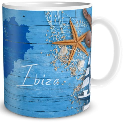 TRIOSK Tasse Ibiza Spanien Insel Souvenir Geschenk Mediterran für Reiselustige Weltenbummler Frauen Männer Büro Kollegen, Keramik 300ml