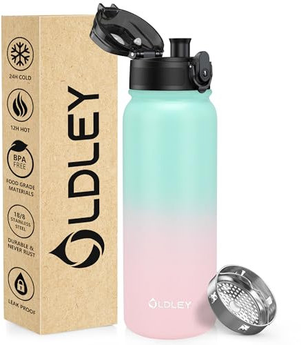 OLDLEY Borraccia in Acciaio Inossidabile 600ml/20oz Sottovuoto a Doppia Parete Mantiene le Bevande Calde e Fredde a Tenuta Stagna Senza BPA Borraccia Isolata in Metallo per Sport, Lavoro (Verde Rosa)