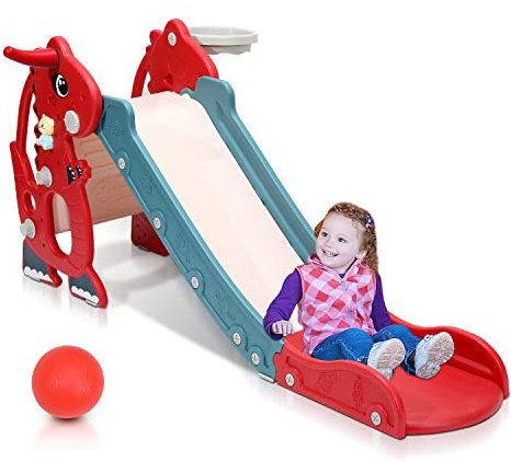 Yakimz Tobogán infantil con canasta de baloncesto y dispositivo de educación precoz en inglés, plegable, tobogán para niños, estable para jardín, tobogán ondulado, tobogán para niños pequeños para