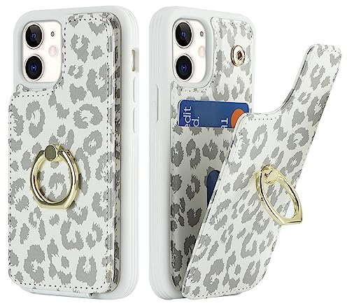 SailorTech für iPhone 12 Mini Handyhülle mit Kreditkartenhalter für Frauen, iPhone 12 Mini Hülle Ring-Ständer Kartenschlitze Standfunktion Modische Tasche für Männer - Weißer Leopard