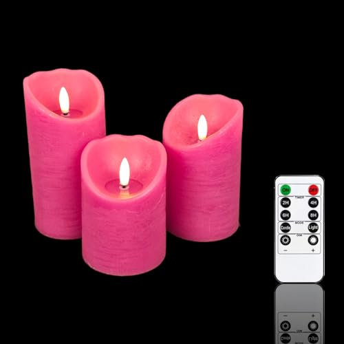 Meisterhome® 3er-Set Flammenlose LED Kerzen - Pink - Rustik Design Stumpenkerze - mit Fernbedienung – mit Timer - Batteriebetrieben – Warmweiß - 10/12,5/15 cm hoch - mit flackernder Flamme