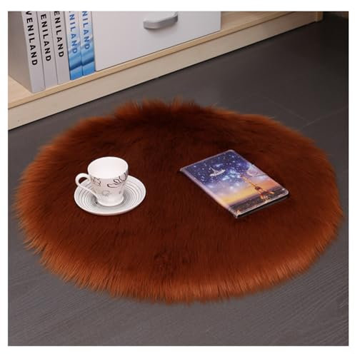Hrlace Lammfell Schaffell Teppich Rund Kunstfell Teppich Waschbar Weich Fellteppich Flauschiger Longhair Stuhlauflage Nachahmung Wolle Bettvorleger Sofa Matte für Heimdekoration Brown 60 * 60cm