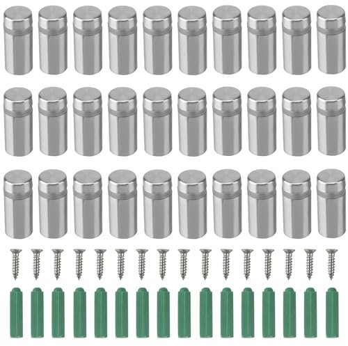 SINJEUN 30 Stück 12x25mm Schilderhalter Abstandshalter Wand, Abstandschrauben Edelstahl Werbeschraube für Montieren und Befestigung Glas Spiegel Acryl Poster Werbung Bilderrahmen