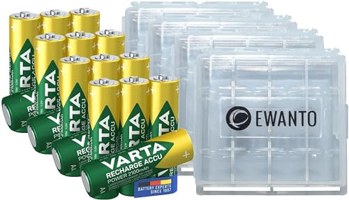 16x für Varta AA Akku 2100 mAh 1,2 V NiMH Accu Mignon 56706 Bulk + 4X Batteriebox/Akkubox zu Aufbewahrung von 4 STK. Mignon (AA) oder Micro (AAA) Batterien und Akkus mit Logo