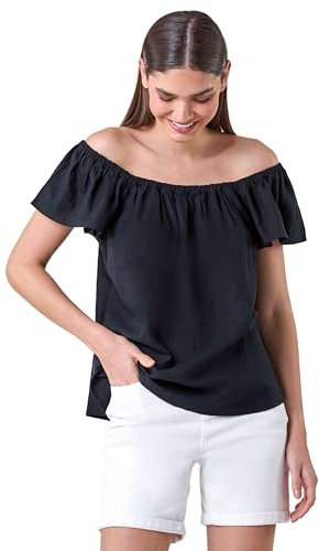 Roman Bardot Top Off Shoulder Blouse for Women UK - Ladies Floral Print Shirt Palm Leaf Tropical Ditsy Cold Shoulder Jersey Frill Cuff Summer Spring Holiday Plain Black