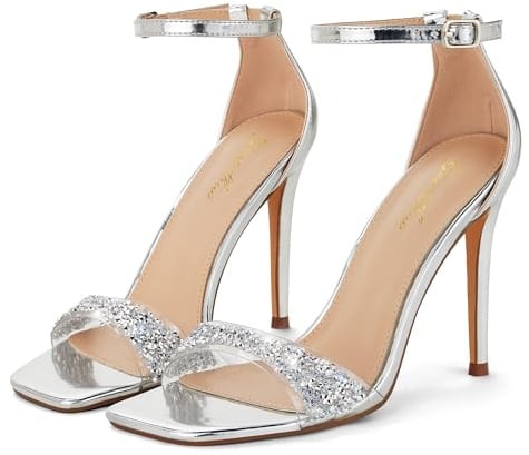 GENSHUO Sandali con Cinturini, Stiletti 11CM con Strass, Punta Quadrata Aperta, Scarpe Sexy per Feste e Matrimoni, Argento, 38.5 EU