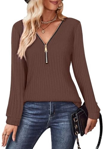 Gemulate Womens Lightweight Zipper Jumpers V Neck Sweater Ladies Long Sleeve Tops Casual Striped Sweaters Sweatshirts Tshirt Dark Brown S