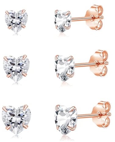 Loutade Silver Heart Studs Earrings for Women, 3 Pairs 925 Sterling Silver Studs Earrings Set, Heart-Shape Cubic Zircon Hypoallergenic Earrings, Cute Cartilage Sleeper Rose Gold Earrings for Girls