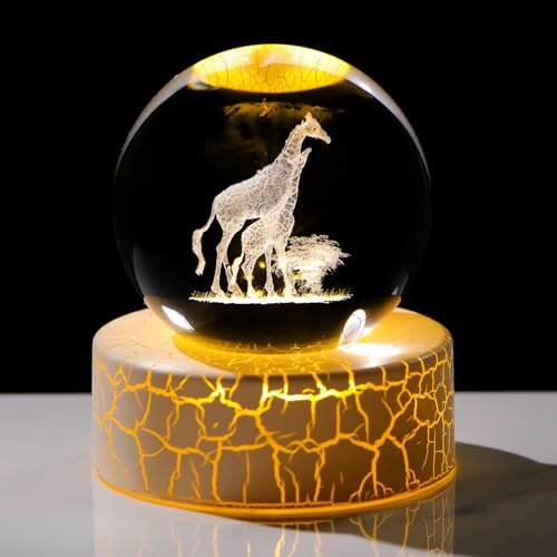 Movdyka Kristall-3D-Giraffen, 6 cm, Kugelfigur, Geschenke für Frauen, Glas-Tierkunstkugel für Zimmer mit warmem Licht, Andenken für Giraffenliebhaber zum Geburtstag, Heimschmuck