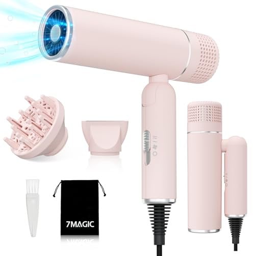 7MAGIC Fön Haartrockner Föhn mit Diffusor, Reisefön Klappbar, 30% Schnellere Trocknung, 300 Mio. Ionen, 99% Haarsaugschutz, Überhitzungsschutz, 1600W, Ultraleicht für alle Haartypen, Rosa