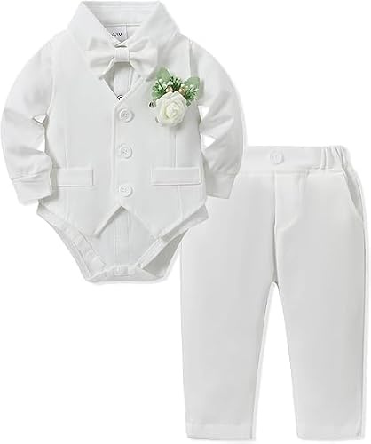 SOLOYEE Formell dräkt för babypojkar 0-18 månat, spädbarn gentleman bröllopsdräkt nyfödd bodysuit + byxor + väst + fluga + bröstbukett dopkläder 5 st set, Vitt, 3-6 månader