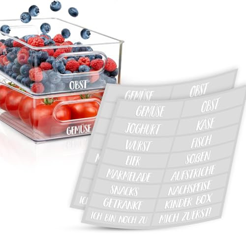 SimpleU Kühlschrank Organizer Aufkleber | 32 Etiketten für Aufbewahrung von Lebensmitteln | Küchenorganisation | Beschriftung für Kühlschrankboxen | Weiß