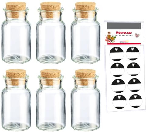 Westmark Gewürzgläser Set mit Korken, 6 Stk. – Für Gewürze, Kräuter und Tees – Inklusive 8 Dekoetiketten – Transparent, 150 ml