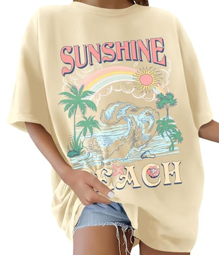 TOMEEK Damen T-Shirt Kurzarm Rundhals Oversized Tshirt Sommer Baumwolle Locker Basic T-Shirt Für Damen Vintage Strand Bedruckte Schulter Top Casual Frauen Shirt