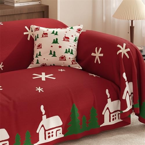 Highdi Nordisch Weihnachten Sofabezug Sofaüberwurf 1 2 3 4 Sitzer Ecksofa L Form Einteiliger Weich Vielseitige Sofaschoner, als Sofadecke, Couch Überwürf und Tagesdecke (180x130cm,Rote)