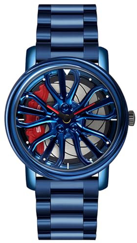 Gosasa Herren-Rennuhren, drehbar, Auto, Felge, Radnabe, Design, Sportuhren, Edelstahl, wasserdichte Uhr, Blau / Rot, Sportmode