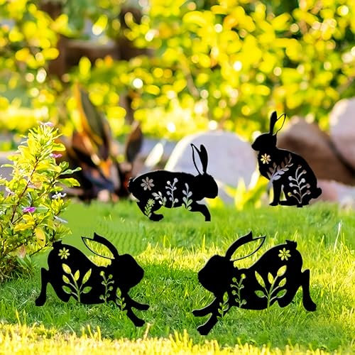 Shyllin Osterhasen Gartenstecker 2er, Osterdeko Garten Blumenstecker Frühling Bauernhof, Osterhase Deko für draußen und drinnen, Osterdeko Modern Hase Rost Outdoor Deko Figuren, Osterdekoration
